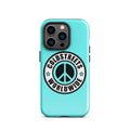 Turquoise iPhone case with peace sign logo and COLDSTREETS WORLDWIDE for Pro Max iPhone