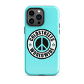 Turquoise iPhone case with black and white peace sign logo from CS Clothing Co. for Pro Max iPhone