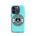 Turquoise iPhone case with Coldstreets Worldwide logo and peace symbol for Pro Max iPhone