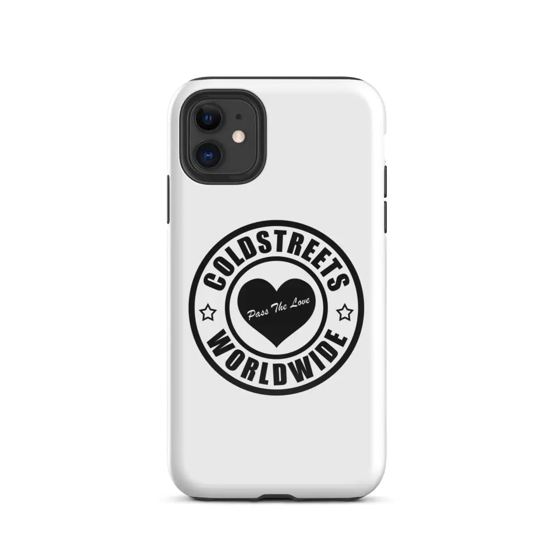 White iPhone case with Coldstreets Worldwide logo, perfect for Pro Max iPhone users