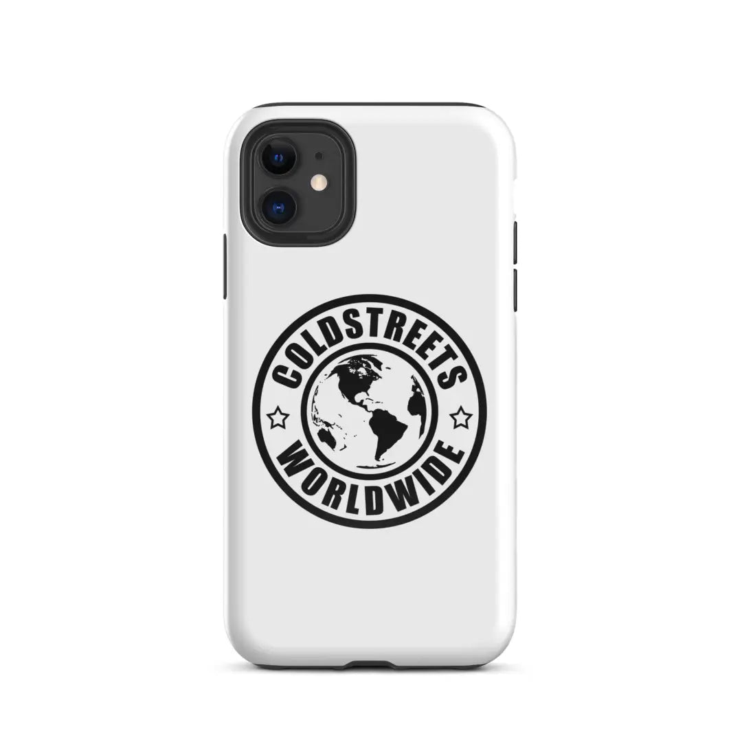 White iPhone case with Coldstreets Worldwide logo, perfect for mini iPhone users