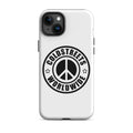 White iPhone case with black peace symbol logo for iPhone Pro Max and iPhone Mini