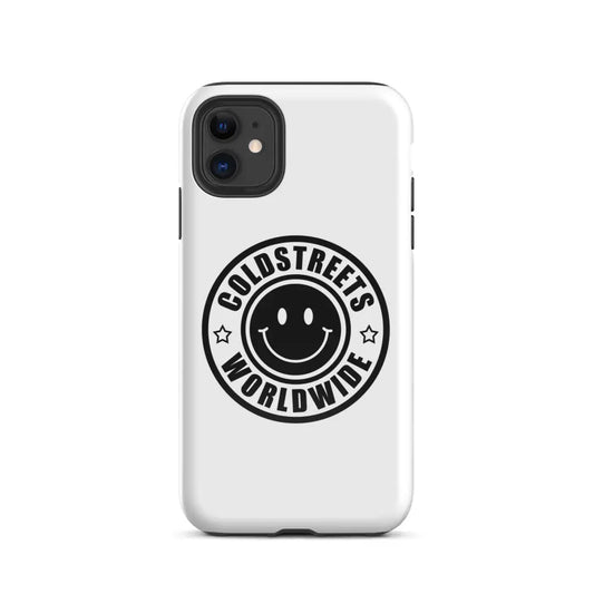 White iPhone case with black smiley logo and COLDSTREETS WORLDWIDE for Pro Max and Mini iPhones