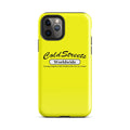 Bright yellow iPhone case with Cold Streets Worldwide branding for Pro Max and Mini iPhone