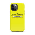 Bright yellow iPhone case with Cold Streets Worldwide branding for Pro Max and Mini iPhone