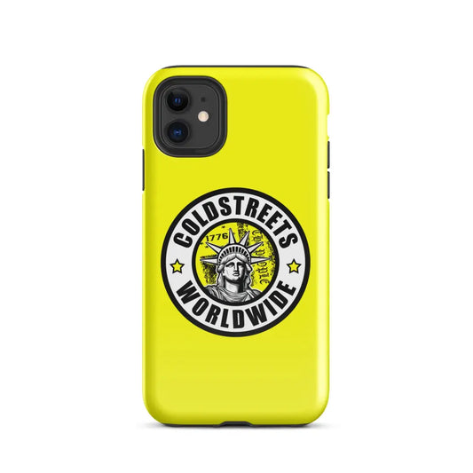 Yellow iPhone case with Goldstreets Worldwide logo and Statue of Liberty design for Pro Max iPhone