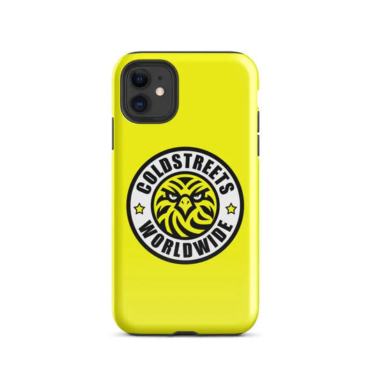 Yellow iPhone case with Goldstreets Worldwide logo, perfect for Pro Max and Mini iPhone