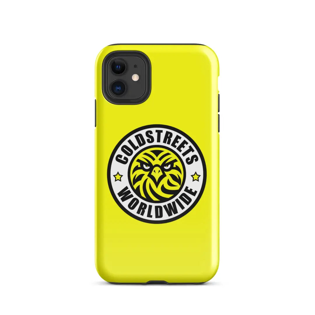 Yellow iPhone case with Goldstreets Worldwide logo, perfect for Pro Max and Mini iPhone
