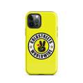 Yellow iPhone case with Goldstreets Worldwide logo and peace sign, ideal for Pro Max iPhone