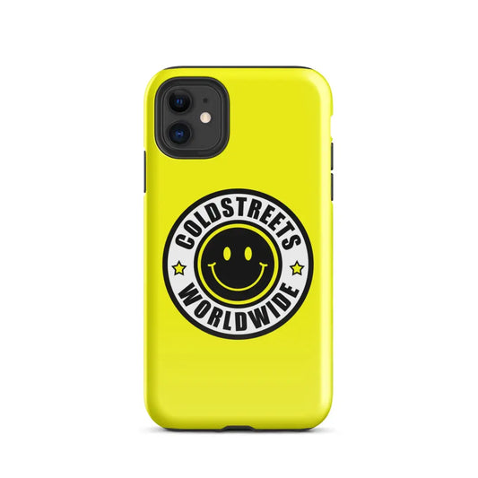 Yellow iPhone case with smiley logo and GOLDSTREETS WORLDWIDE text for Pro Max, Mini iPhone