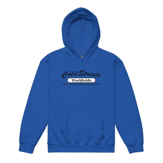 Royal blue kids hoodie with ColdStores Worldwide graphic from CS Clothing Co