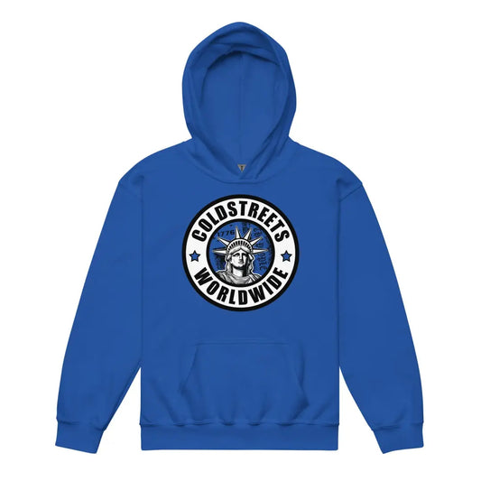 Royal blue kids hoodie with Statue of Liberty logo from CS Clothing Co. perfect for all