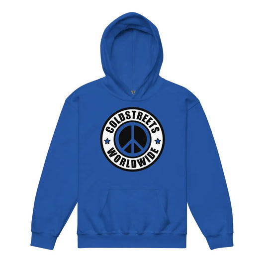 Royal blue kids hoodie with peace sign logo and Coldsteel Worldwide text design