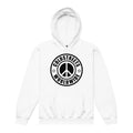 Royal White kids hoodie featuring a black peace sign logo and Cold Street Worldwide text