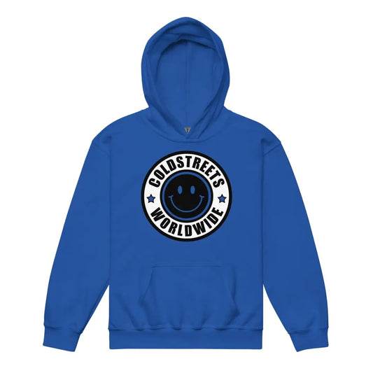 Royal blue kids hoodie with black and white smiley logo from CS Clothing Co