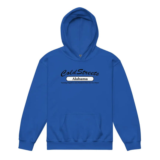 Royal blue kids hoodie featuring Cold Streets Alabama text, perfect for stylish comfort