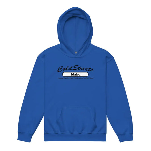 Royal blue kids hoodie with Cold Streets Idaho text for CS Clothing Co. styles