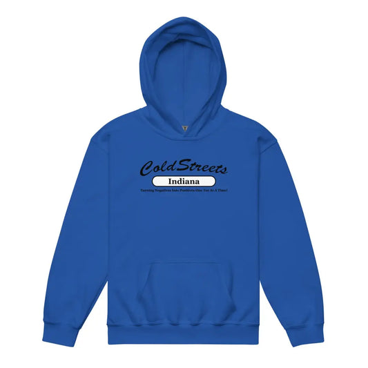 Royal blue kids hoodie featuring Cold Streets Indiana text, perfect for stylish wear