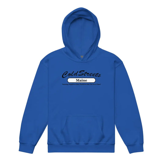 Royal blue kids hoodie with Cold Streets Maine print from CS Clothing Co