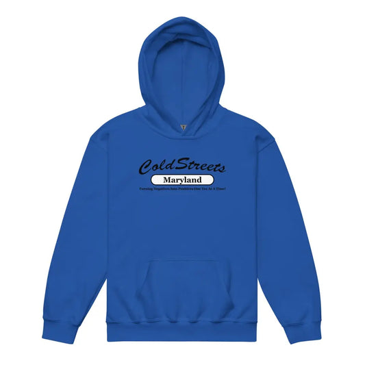 Royal blue kids hoodie featuring Cold Streets Maryland text, CS Clothing Co. design