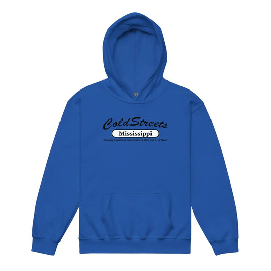 Royal blue kids hoodie featuring Cold Streets Mississippi text for CS Clothing Co