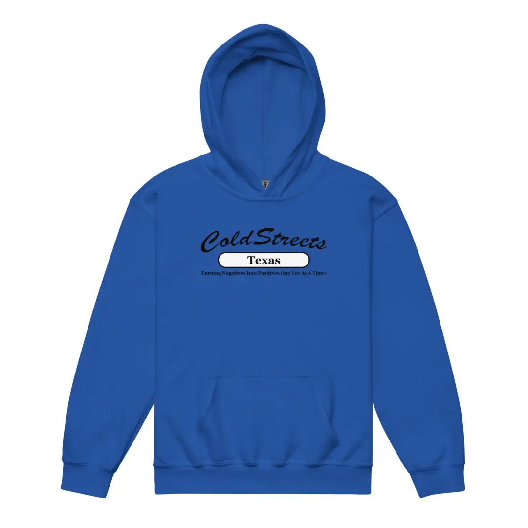 Royal blue kids hoodie featuring Cold Streets Texas graphic from CS Clothing Co