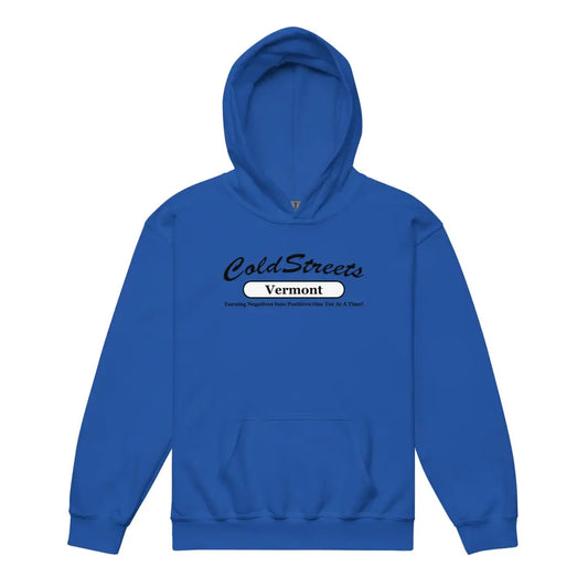 Royal blue kids hoodie with Cold Streets Vermont text, part of CS Clothing Co. collection