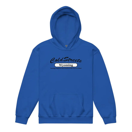 Royal blue kids hoodie from CS Clothing Co. featuring Cold Streets Wyoming text