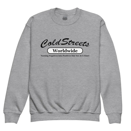 Grey crewneck sweatshirt featuring Cold Streets Worldwide design from CS Clothing Co