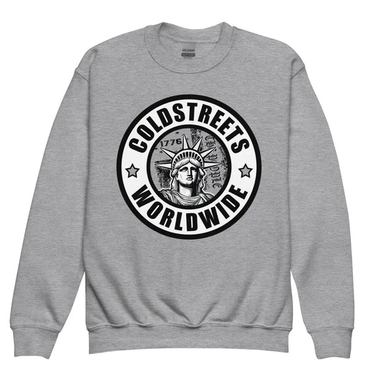 Grey sweatshirt featuring a circular Statue of Liberty logo in Grey Royal Red