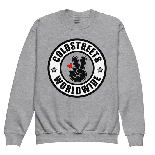 Grey sweatshirt with Coldstreet’s Worldwide logo, featuring peace sign and heart design