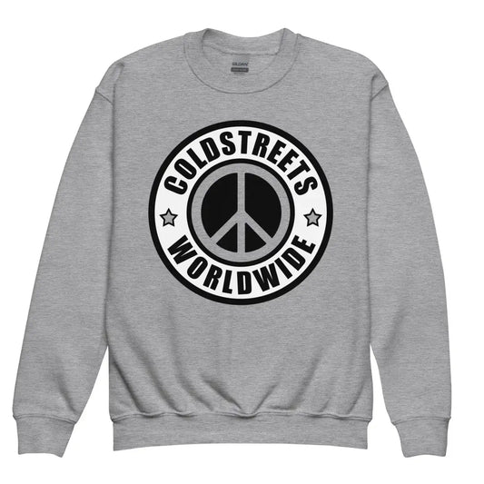 Sport Grey sweatshirt with black peace sign logo and Coldstreets Worldwide text