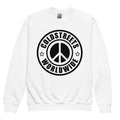 White sweatshirt featuring a black peace sign logo and COLDSTREETS WORLDWIDE text