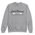 Grey sweatshirt with Cold Streets Alabama text in Sport Grey Royal color by CS Clothing Co