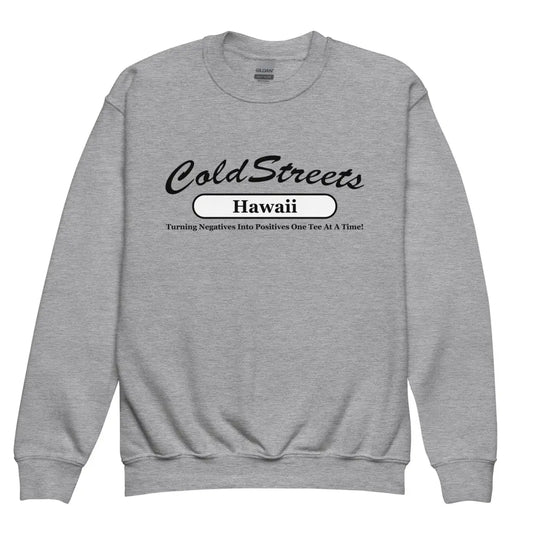 Sport grey crewneck sweatshirt with Cold Streets Hawaii design in royal red and white