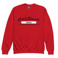 Red sweatshirt featuring Cold Streets Idaho text in black and white from CS Clothing Co