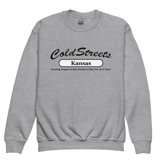 Grey sweatshirt with Cold Streets Kansas text in sport grey royal and tagline design