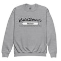 Grey crewneck sweatshirt with Cold Streets Maine design in Royal Red White color scheme