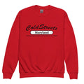 Red sweatshirt with Cold Streets Maryland design in black and white from CS Clothing Co