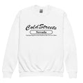 White sweatshirt featuring Cold Streets Nevada text from CS Clothing Co. in grey royal red design