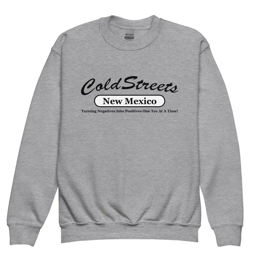 Grey sweatshirt with Cold Streets New Mexico text in royal red and black for CS Clothing Co