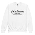 White sweatshirt featuring Cold Streets New York design from CS Clothing Co., royal red accents