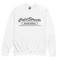 White sweatshirt with Cold Streets South Dakota design in royal red and grey royal accents