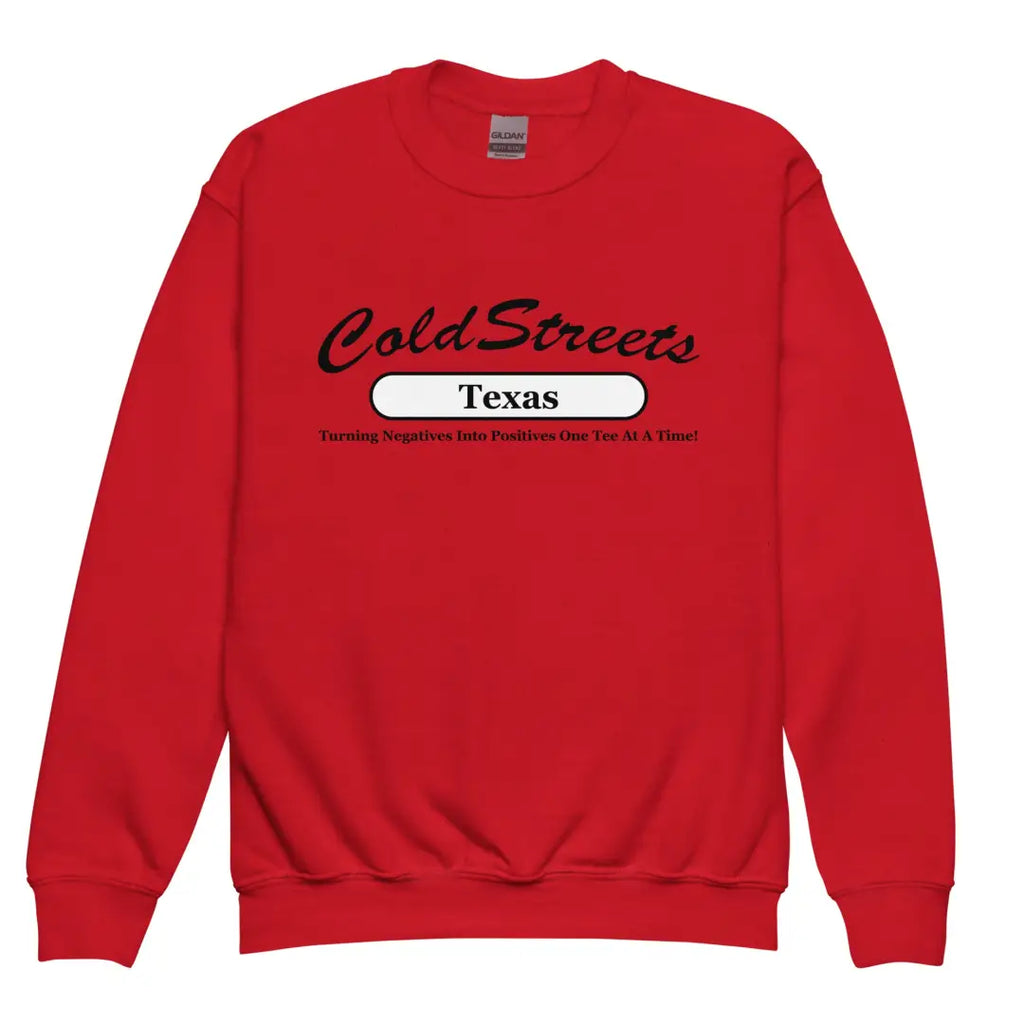 Red sweatshirt with Cold Streets Texas print from CS Clothing Co for royal sport style