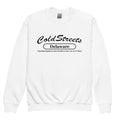 White sweatshirt with Cold Streets Delaware text for CS Clothing Co in royal red white