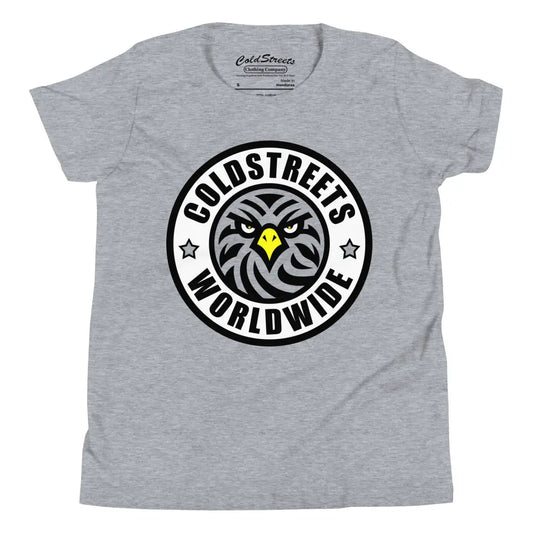 Grey t-shirt in ring-spun combed cotton with Coldstreet’s Worldwide logo and palm tree design