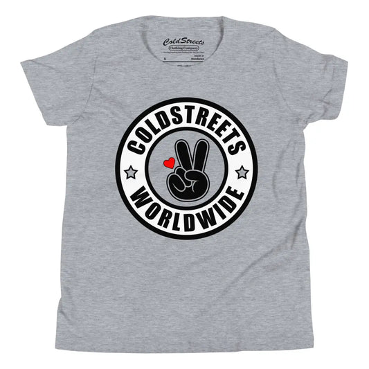 Grey ring-spun combed cotton t-shirt with Cold Streets Worldwide logo and peace sign