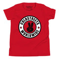 Red ring-spun combed cotton t-shirt with Cold Streets Worldwide logo and peace sign