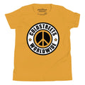 Yellow t-shirt in Heather Dust Mustard with black and white peace sign logo for CS Clothing Co