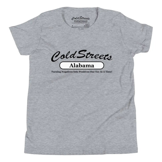 Gray ring-spun combed cotton t-shirt featuring Cold Streets Alabama design and slogan